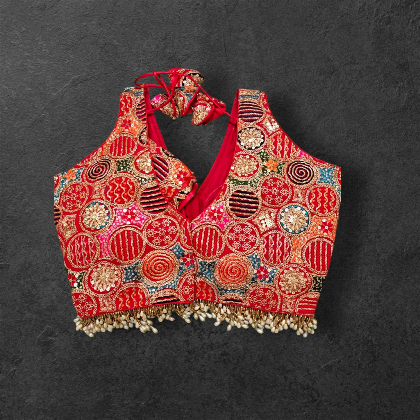 Red Designer Blouse with Pearls