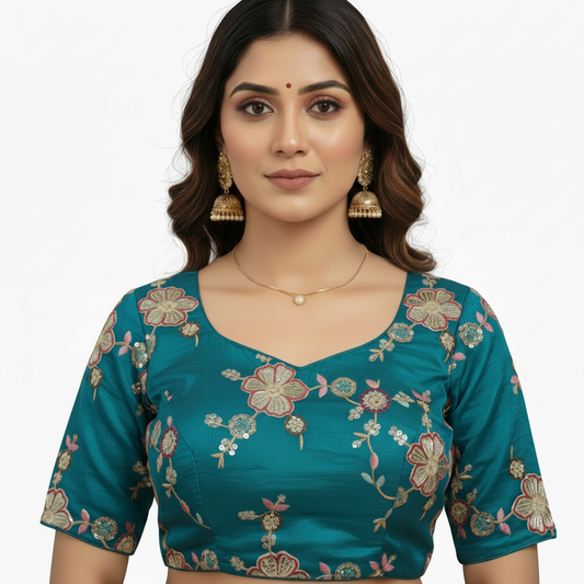 Woman wearing a teal blouse with floral patterns on a white background