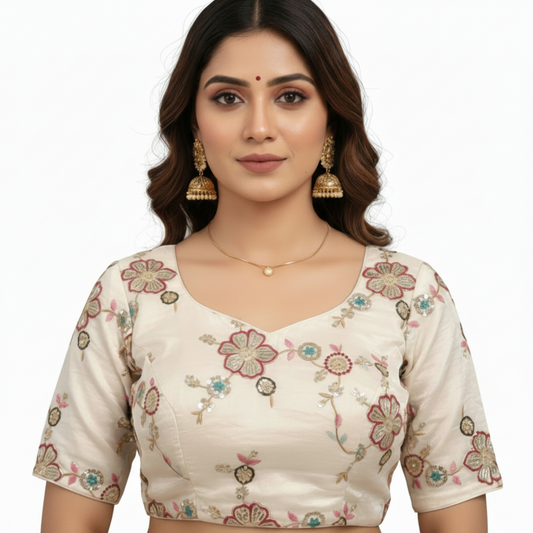 Woman wearing a white blouse with floral patterns on a white background
