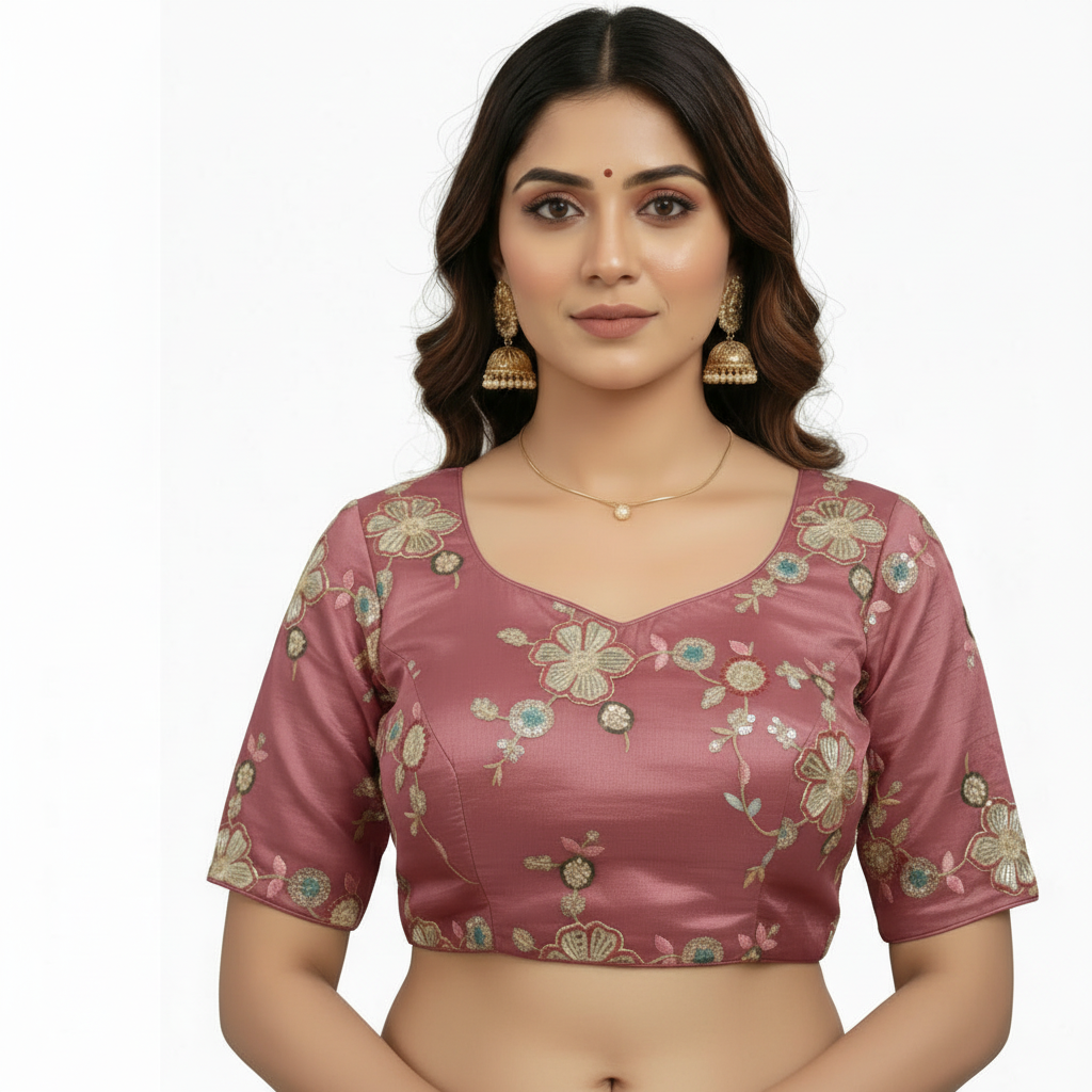 Woman wearing a pink blouse with floral patterns on a white background