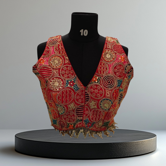Red Designer Blouse with Pearls